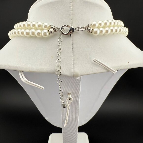 Elegant Faux Pearl Double-Strand Necklace With Rhinestone Pendant & Drop Pearl A - Picture 7 of 7